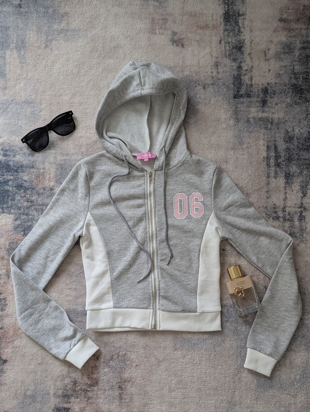 EDIKTED Gray Zip-Up Hoodie with Pink '06' Patch size XS